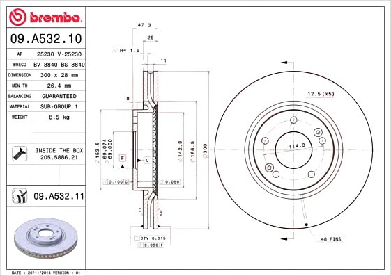 09.A532.10 BREMBO (Германия) Гальмівний диск BREMBO