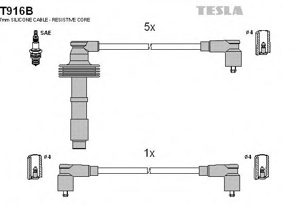 T916B TESLA (Чехия) Кабель зажигания, к-кт TESLA Safrane II 96-00 2,5 20V, Volvo 91-02 850,S70,V70 2,0;2,0T,2,3 T5,2,3T TESLA