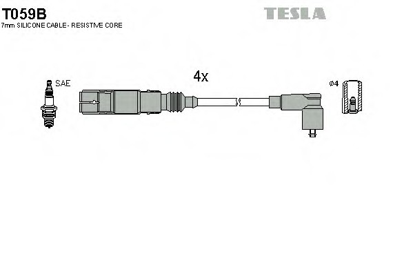 T059B TESLA (Чехия) Кабель зажигания, к-кт TESLA VAG 1,6 96-05 AKL/APF/AEH/ARM, Skoda Octavia 2,0 AZH/AQY TESLA