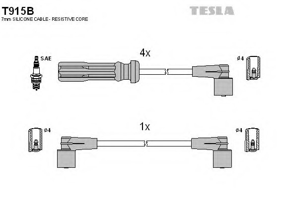 T915B TESLA (Чехия) Кабель запалювання, к-кт TESLA Volvo 740,940,960 85-98 2,0;2,0 Turbo;2,3;2,3 Turbo TESLA