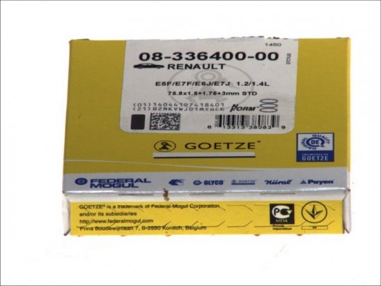 08-336400-00 GOETZE Кільця поршневі RENAULT 75.8 (1.5/1.75/3) 1.2I/1.4 E2F/E5F/E6J/E7F/E7J (пр-во GOETZE)