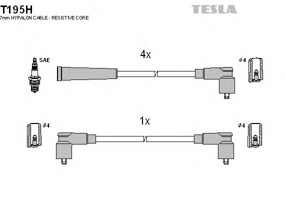 T195H TESLA (Чехия) Кабель запалювання, к-кт TESLA Skoda Felicia 94-01 1,3i 135B (SPI),136B (SPI) TESLA