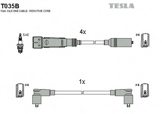 T035B TESLA (Чехия) Кабель запалювання, к-кт TESLA WAG 84-92 1,6;1,8;2,0|SAE з'єднання свічки TESLA