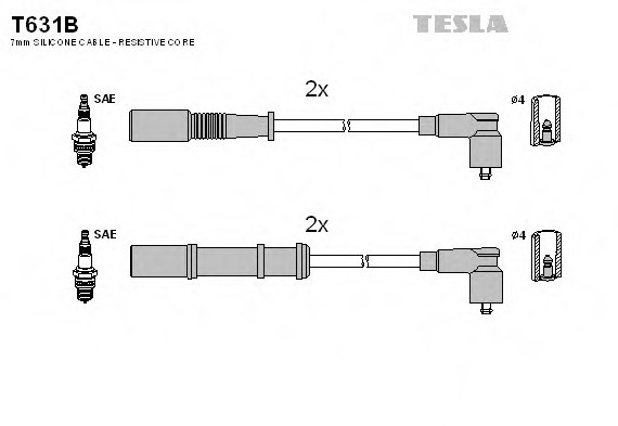 T631B TESLA (Чехия) Кабель запалювання, к-кт TESLA Fiat Dobol 1.4 10.05- ,Lancia 05-1.2;1.4 TESLA