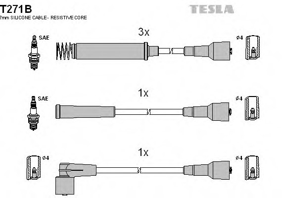 T271B TESLA (Чехия) Кабель зажигания, к-кт TESLA Opel Calibra,Vectra, Kadet 88-95 1,8;2,0 TESLA