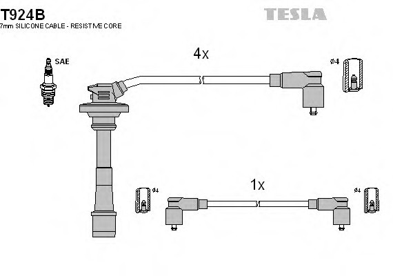 T924B TESLA (Чехия) Кабель запалювання, к-кт TESLA Toyota Carina E, Avensis 92-00 1,6;1,8 TESLA