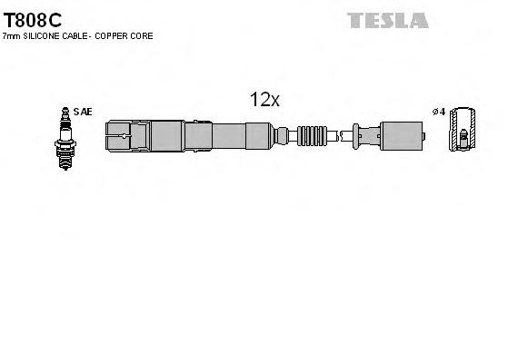 T808C TESLA (Чехия) Кабель зажигания, к-кт TESLA Mersedes, Chrysler 96-2,4;2,6;3,2;3,7 TESLA