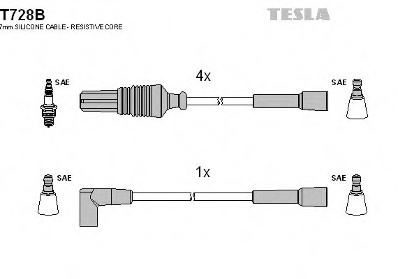 T728B TESLA (Чехия) Кабель запалювання, к-кт TESLA Citroen,Peugeot 84-98 1,0;1,1;1,3;1,4 TESLA