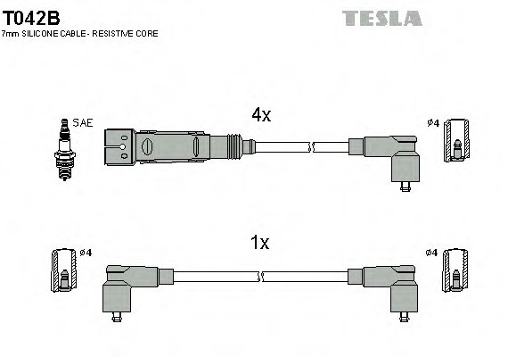 T042B TESLA (Чехия) Кабель запалювання, к-кт TESLA VW Polo, Skoda Felicia 95-01 1,6 AEE TESLA