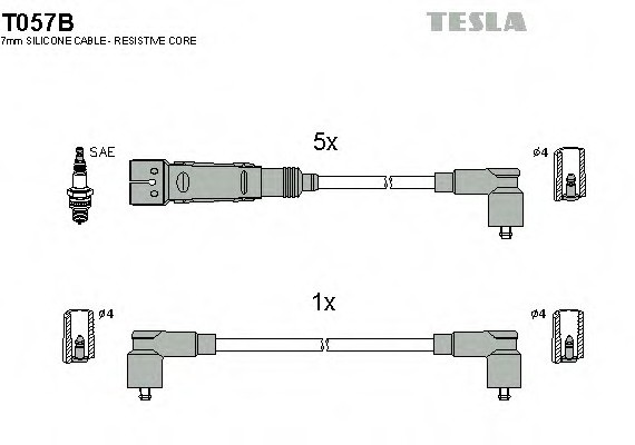 T057B TESLA (Чехия) Кабель зажигания, к-кт TESLA VW T4 90-03 2,5 AEN/AAF/ACU/AEU/AET TESLA
