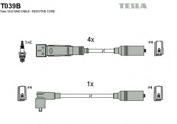 T039B TESLA (Чехия) Кабель запалювання, к-кт TESLA Audi 100,A6 90-97 2,0 TESLA