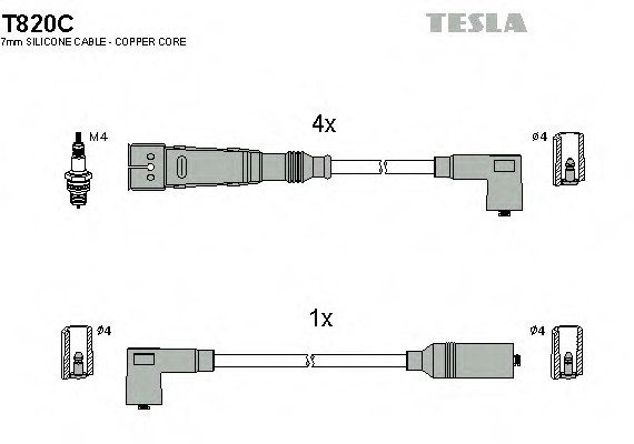 T820C TESLA (Чехия) Кабель зажигания, к-кт TESLA Seat,VW 91-99 1,4;1,6 TESLA