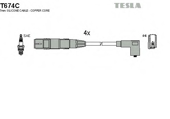 T674C TESLA (Чехия) Кабель запалювання, к-кт TESLA VAG 95- 1,6;2,0 TESLA