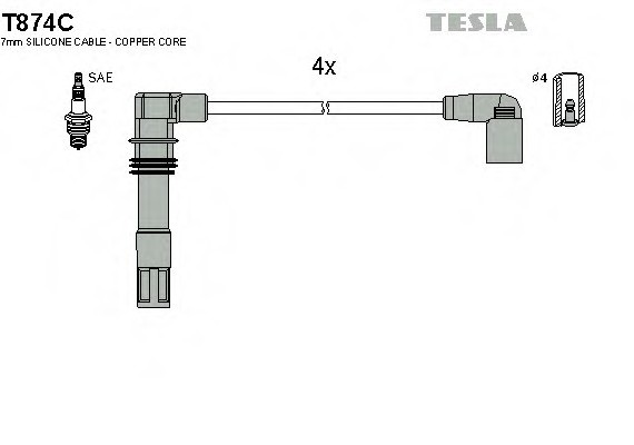 T874C TESLA (Чехия) Кабель зажигания, к-кт TESLA VAG 98-1,4;1,6 TESLA