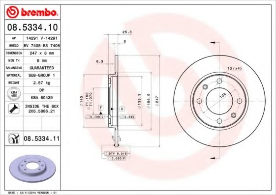 08.5334.11 BREMBO (Германия) Диск тормозной BREMBO