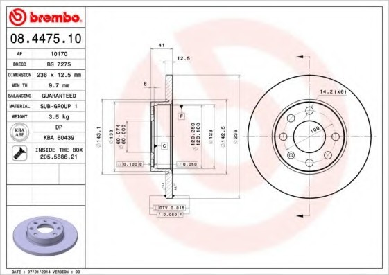 08.4475.10 BREMBO (Германия) Диск тормозной BREMBO