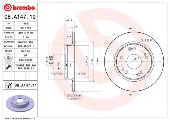 08.A147.10 BREMBO (Германия) Диск тормозной BREMBO