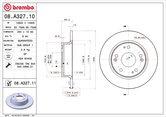 08.A327.11 BREMBO (Германия) Тормозной диск BREMBO