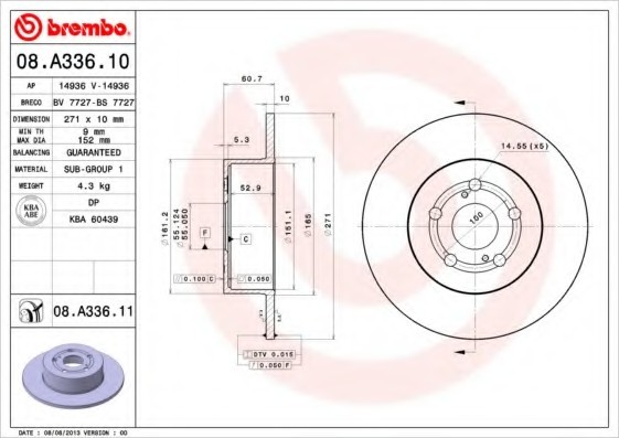 08.A336.11 BREMBO (Германия) Диск гальмівний BREMBO