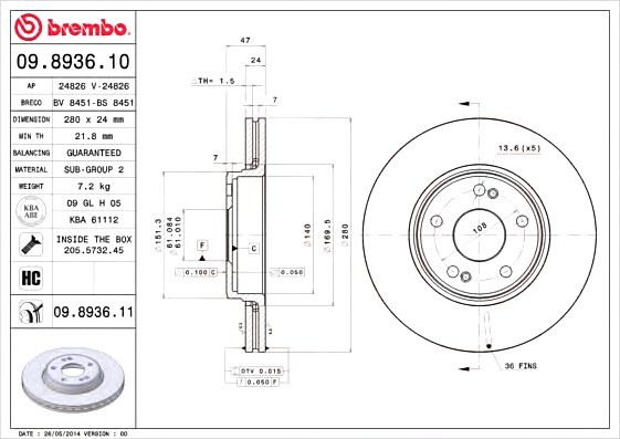 09.8936.11 BREMBO (Германия) Диск гальмівний BREMBO