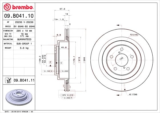 09.B041.10 BREMBO (Германия) Диск тормозной BREMBO