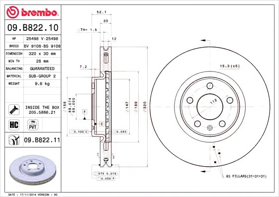 09.B822.11 BREMBO (Германия) Диск гальмівний BREMBO