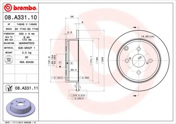 08.A331.11 BREMBO (Германия) Диск гальмівний BREMBO