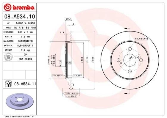 08.A534.11 BREMBO (Германия) Диск тормозной BREMBO