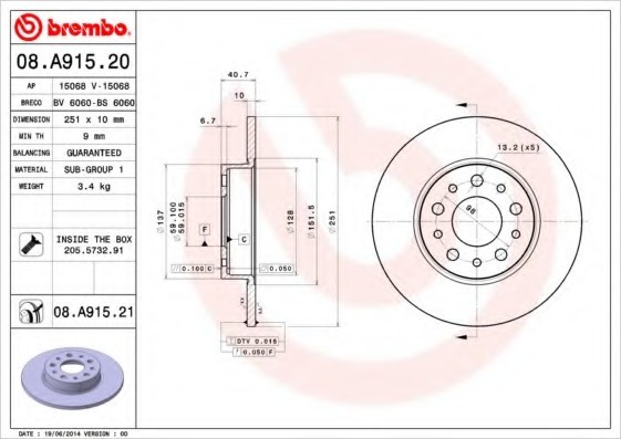 08.A915.21 BREMBO (Германия) Диск тормозной BREMBO