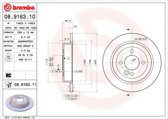 08.9163.10 BREMBO (Германия) Диск тормозной BREMBO