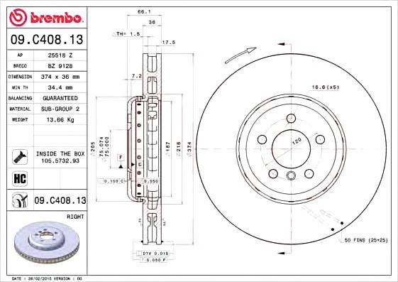 09.C408.13 BREMBO (Германия) Диск тормозной BREMBO