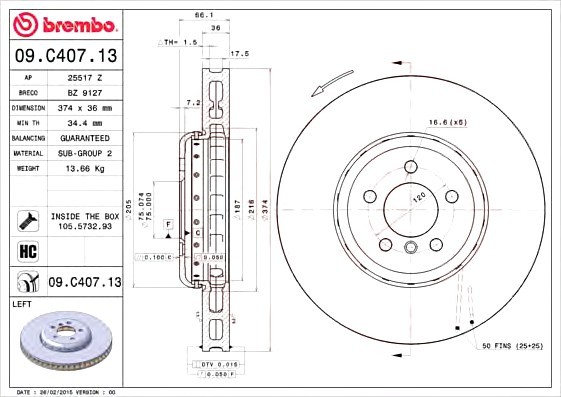 09.C407.13 BREMBO (Германия) Диск гальмівний BREMBO