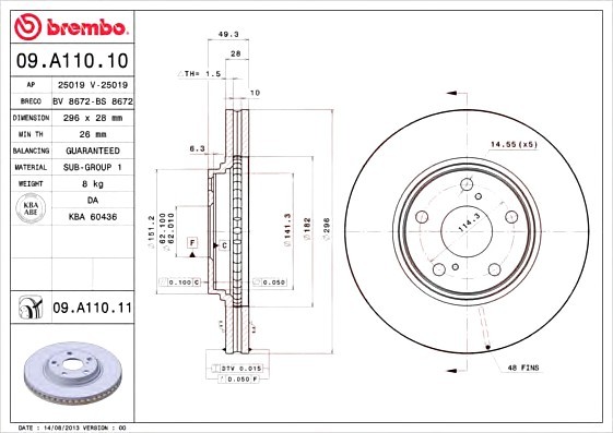 09.A110.11 BREMBO (Германия) Диск гальмівний BREMBO