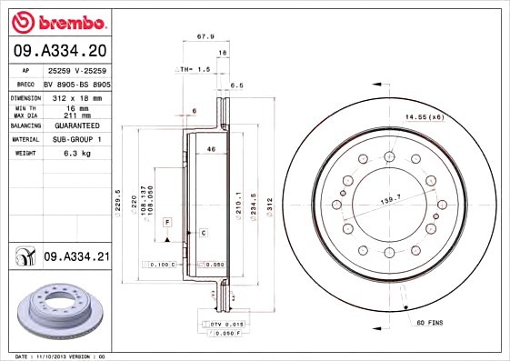 09.A334.21 BREMBO (Германия) Диск гальмівний BREMBO