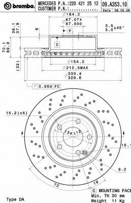 09.A353.11 BREMBO (Германия) Диск гальмівний BREMBO