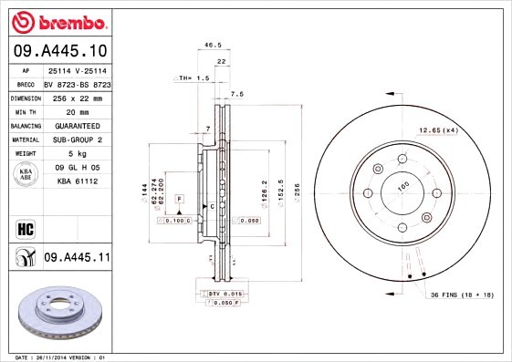 09.A445.11 BREMBO (Германия) Диск тормозной BREMBO