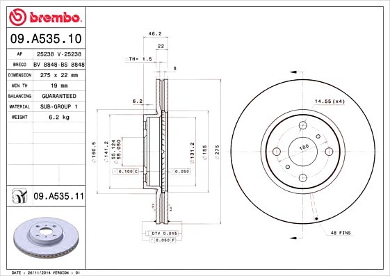 09.A535.11 BREMBO (Германия) Диск тормозной BREMBO