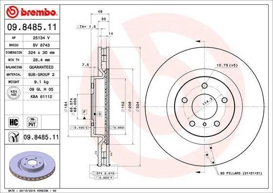 09.8485.11 BREMBO (Германия) Диск тормозной BREMBO