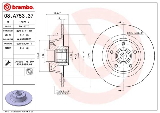 08.A753.37 BREMBO (Германия) Диск гальмівний BREMBO