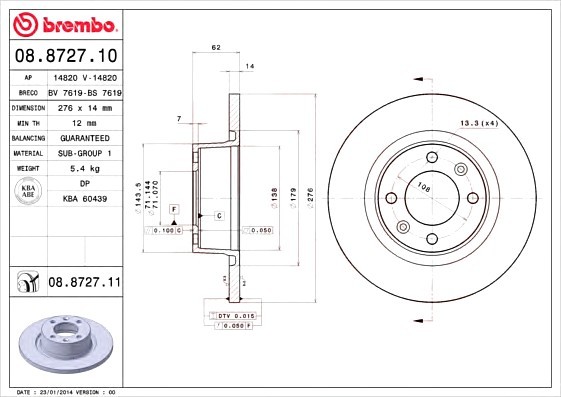 08.8727.10 BREMBO (Германия) Диск тормозной BREMBO