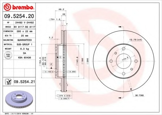 09.5254.21 BREMBO (Германия) Диск тормозной BREMBO