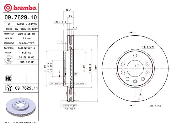 09.7629.10 BREMBO (Германия) Диск тормозной BREMBO