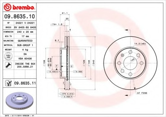 09.8635.10 BREMBO (Германия) Диск тормозной BREMBO