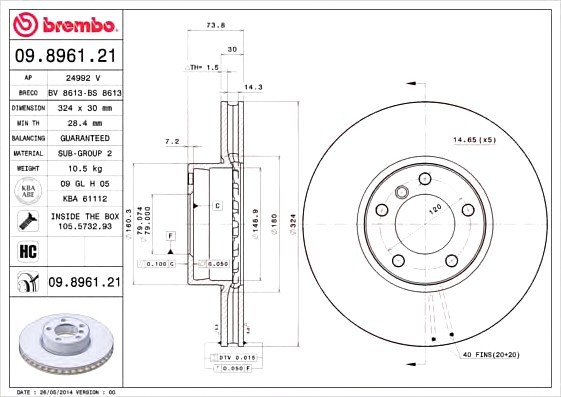 09.8961.21 BREMBO (Германия) Диск гальмівний BREMBO