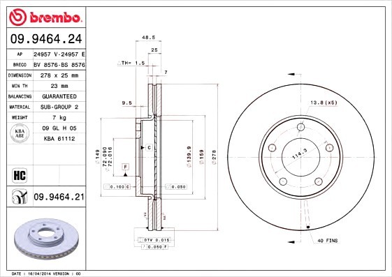 09.9464.24 BREMBO (Германия) Диск тормозной BREMBO