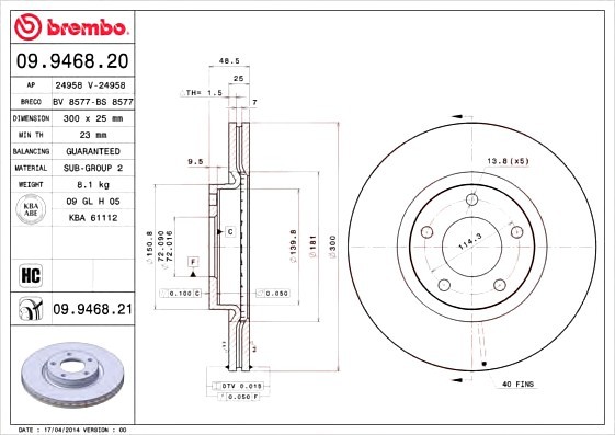 09.9468.20 BREMBO (Германия) Диск тормозной BREMBO