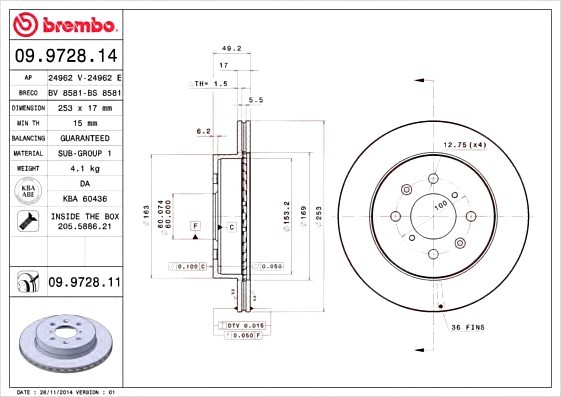 09.9728.11 BREMBO (Германия) Гальмівний диск BREMBO