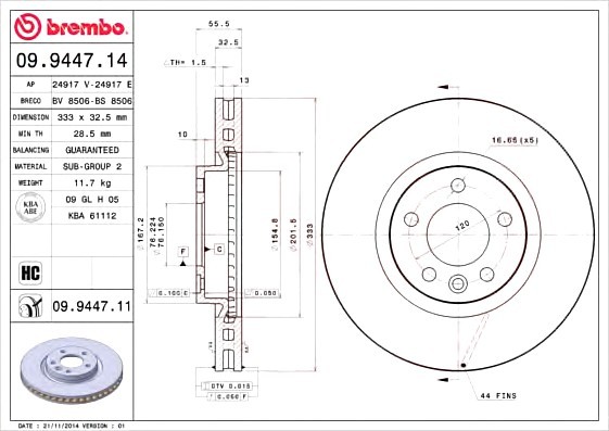 09.9447.11 BREMBO (Германия) Диск гальмівний BREMBO