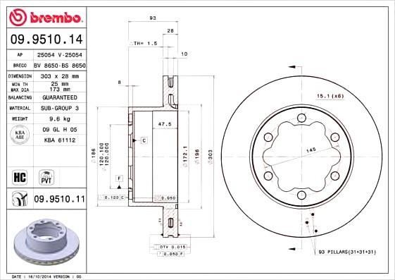 09.9510.14 BREMBO (Германия) Диск тормозной BREMBO