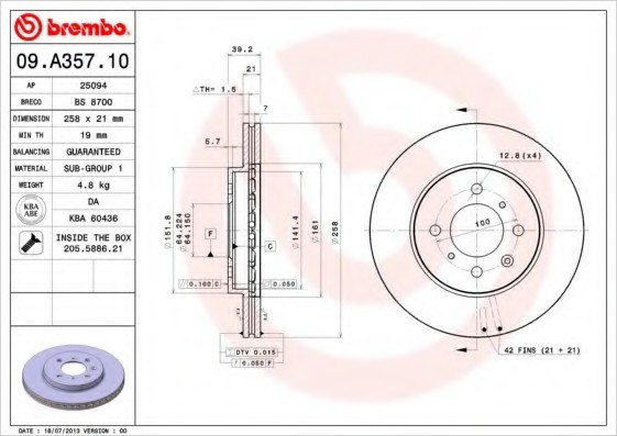 09.A357.10 BREMBO (Германия) Диск гальмівний BREMBO